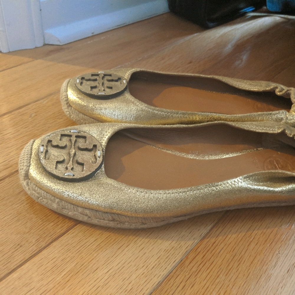 Tory Burch Gold Ballet Flat Leather Shoes